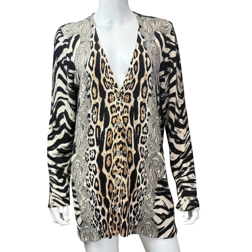 CHICOS Cardigan Womens Size 2 Mixed Animal Print Beige Black Cotton Blend